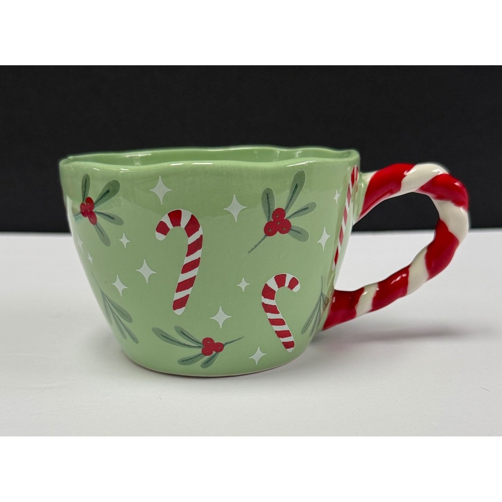 Sunday Morning Ceramics Christmas Mug Green Candy Cane Handle‎ Mistletoe Holiday